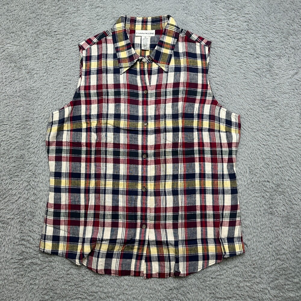 Linen Shirt Evan Picone Womens 16 (XL) Plaid Sleevless Button Top